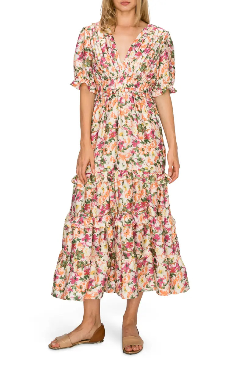 MELLODAY Pleated Puff Sleeve Tiered Midi Dress | Nordstromrack | Nordstrom Rack