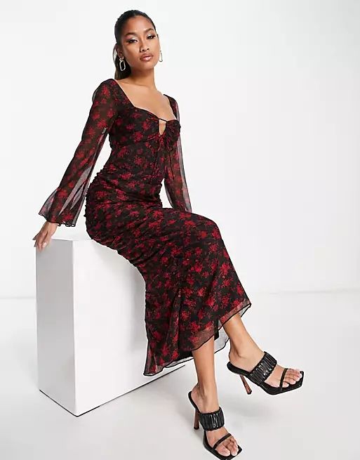 ASOS DESIGN milkmaid ruched detail midi dress with flared sleeves in black and red floral print | ASOS (Global)