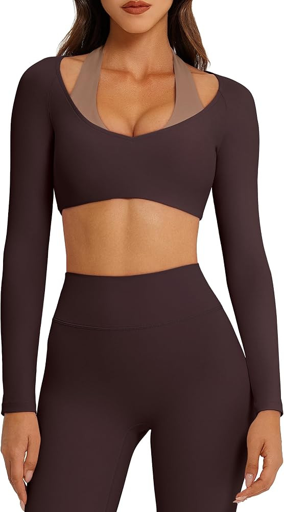 OMKAGI Layered Workout Sets for Women Cute Long Sleeve Crop Top Gym Outfits | Amazon (US)