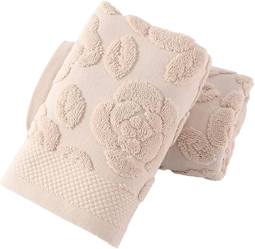 YiLUOMO Rose Hand Towel Set of 2 Super Soft 100% Cotton Embossed Floral Pattern Highly Absorbent ... | Amazon (US)