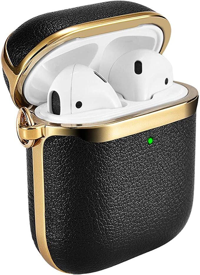 AirPods Case Cover, ICARERSPACE Portable Black Leather Protective Cover Case with Carabiner for A... | Amazon (US)