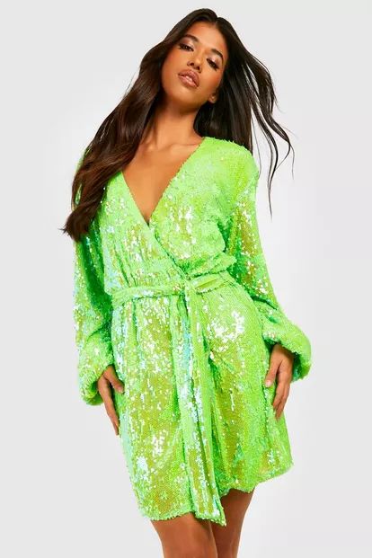 Tall Bright Wrap Over Sequin Dress | Boohoo.com (US & CA)