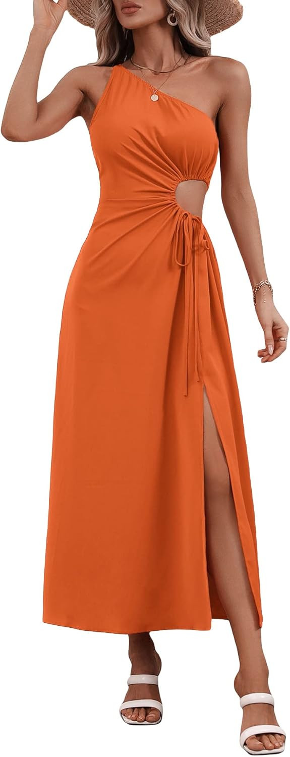 Milumia Women's One Shoulder Drawstring Cut Out Split Thigh Sleeveless A Line Long Dress | Amazon (US)
