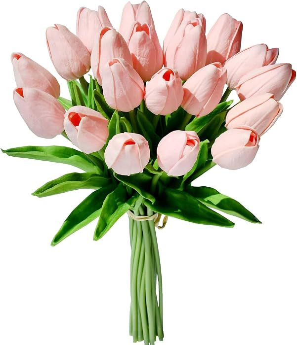 Mandy's Light Pink Artificial Tulips Flowers Centerpiece, 13.5" Lifelike PU Fake Floral Stems 20p... | Amazon (US)