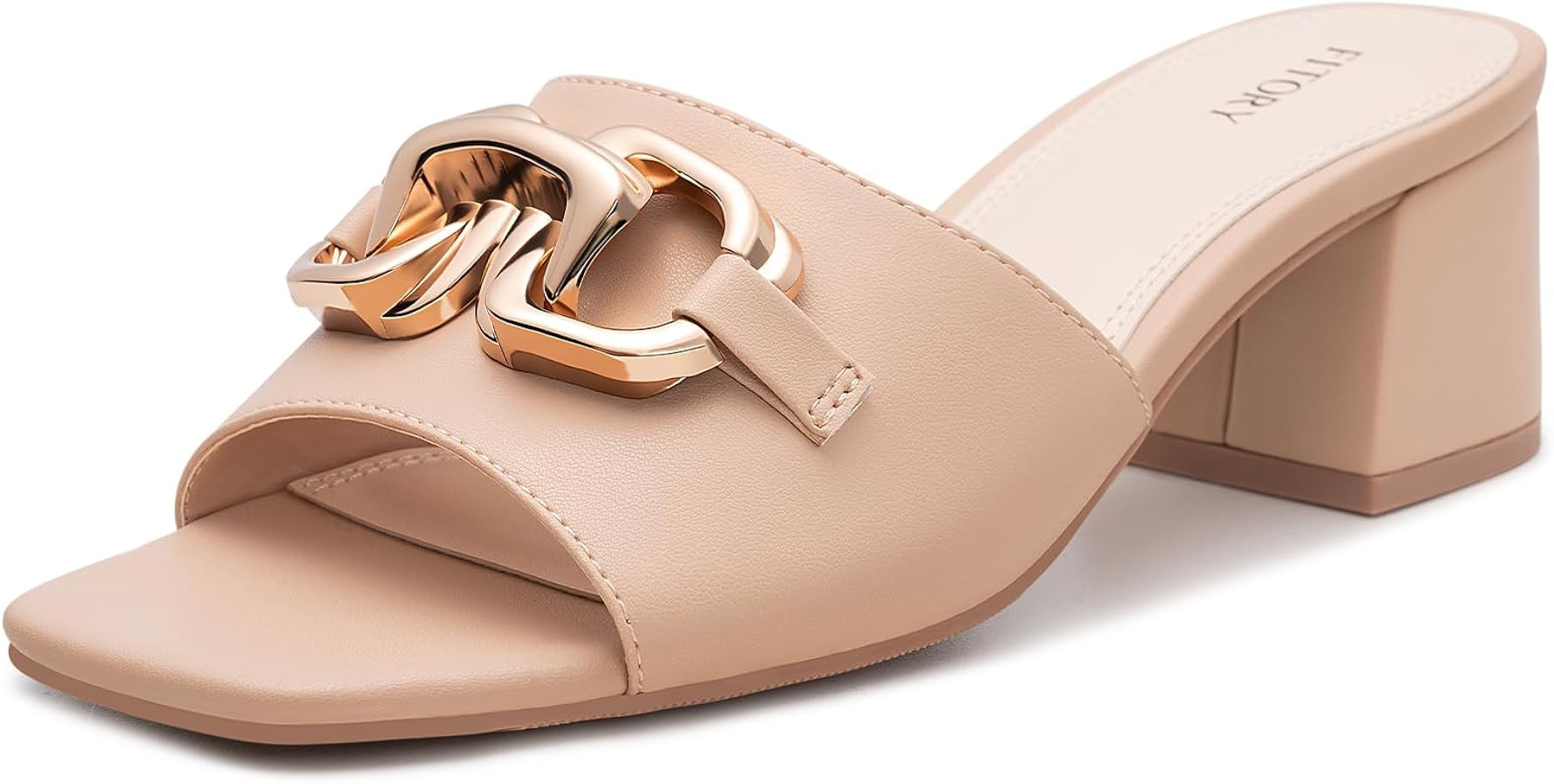 FITORY Womens Low Heel Sandals, Chunky Block Square Open Toe Slides 2026, Metal Chain Slip on Dre... | Amazon (US)