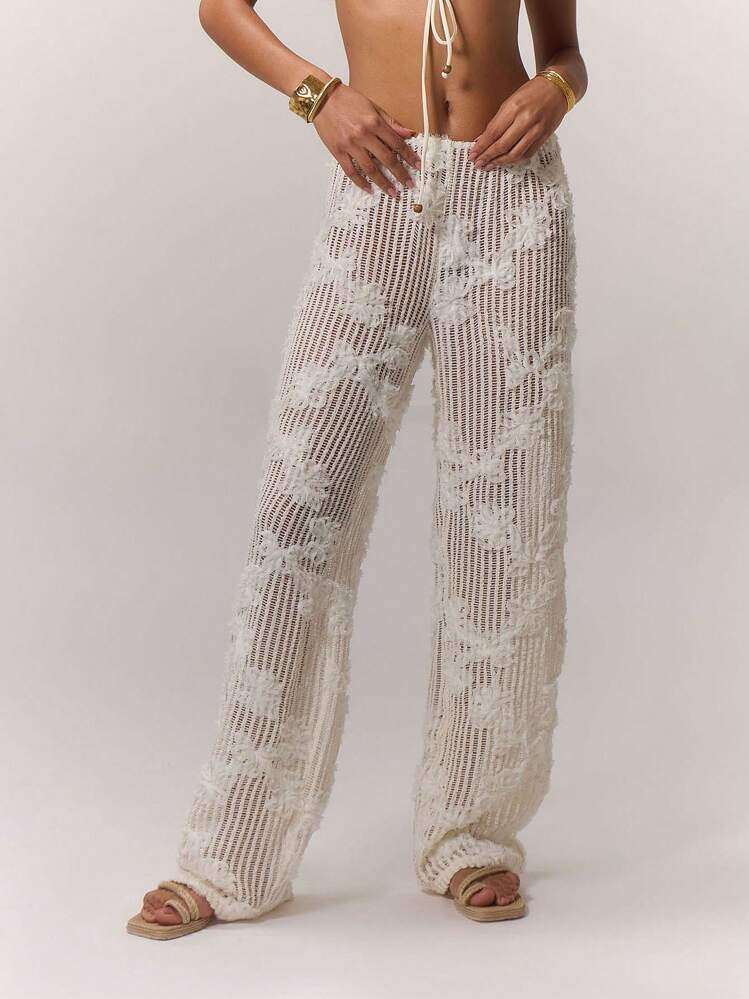 Musera Resort Boho Textured Floral Wide Leg Trousers Vacation Ibiza Fits Spring Summer Boho, Elegant, Holiday | SHEIN