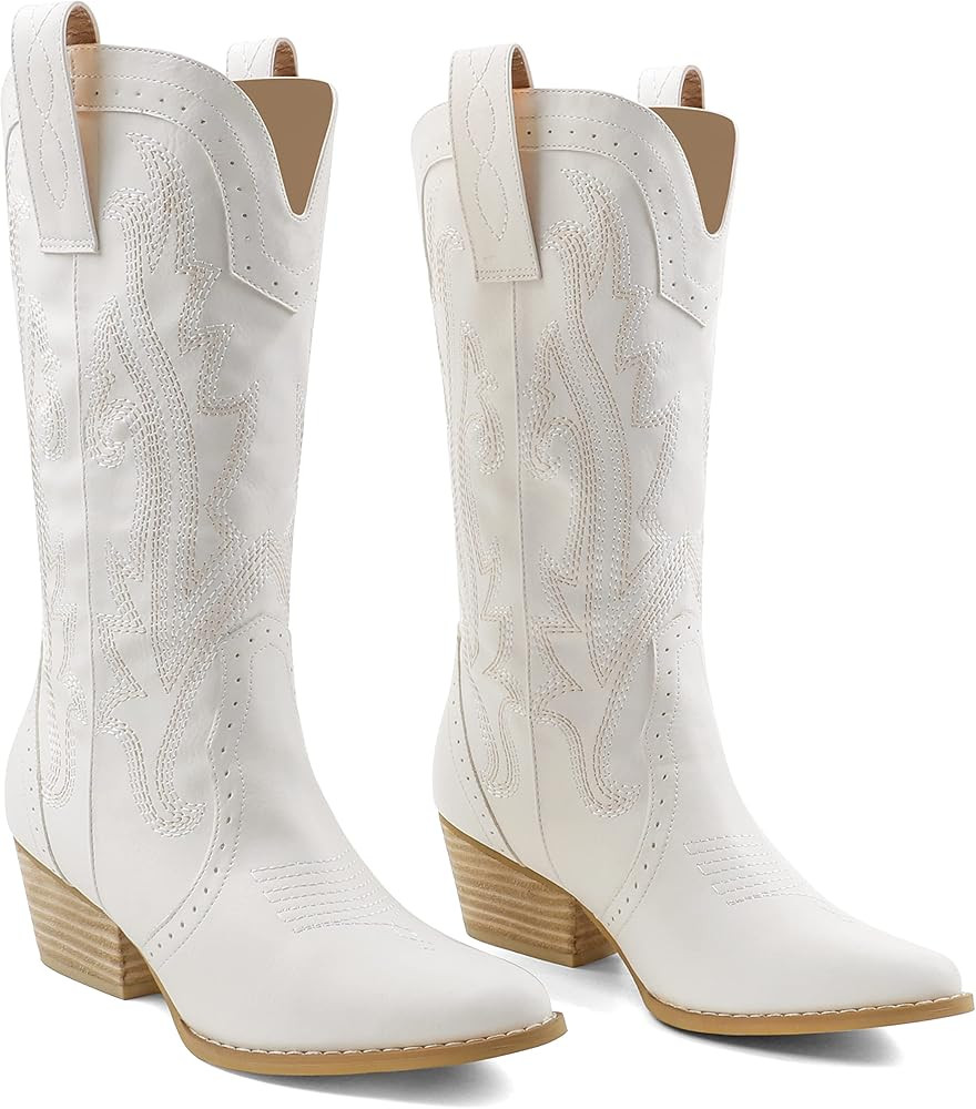 Women Mid-calf Cowboy Boots Pointy Toe Boots Embroidered Western Cowgirl Boots Chunky Heels | Amazon (US)