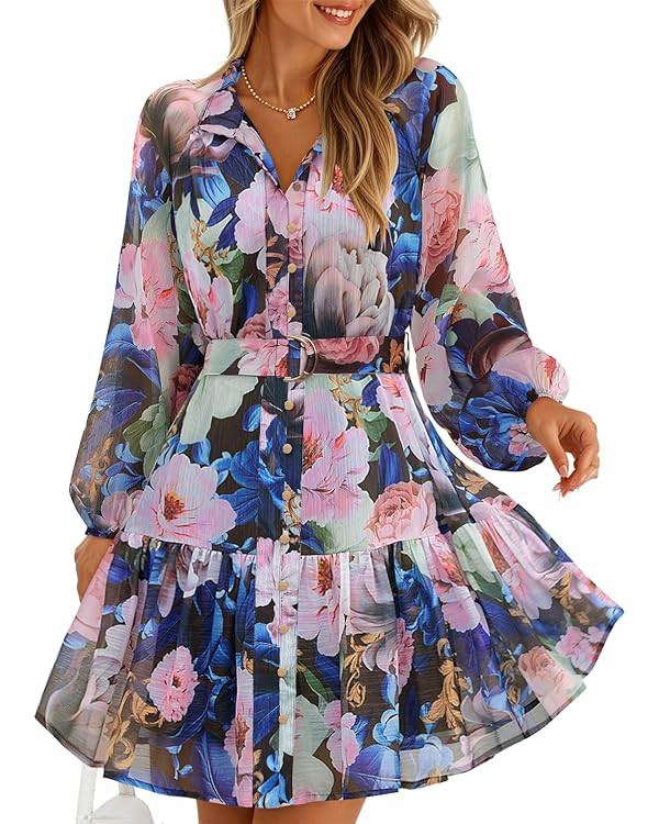 ZESICA Womens Fall Floral Mini Dress 2025 Long Sleeve Button Down Chiffon A Line Flowy Short Shir... | Amazon (US)