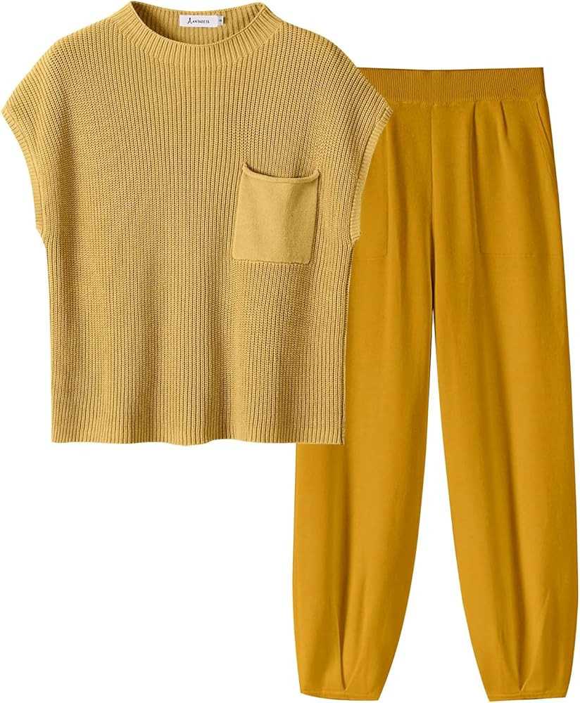 ANRABESS Women's Two Piece Outfits Knit Sweater Vest Crop Top Pants Lounge Matching Tracksuit Swe... | Amazon (US)