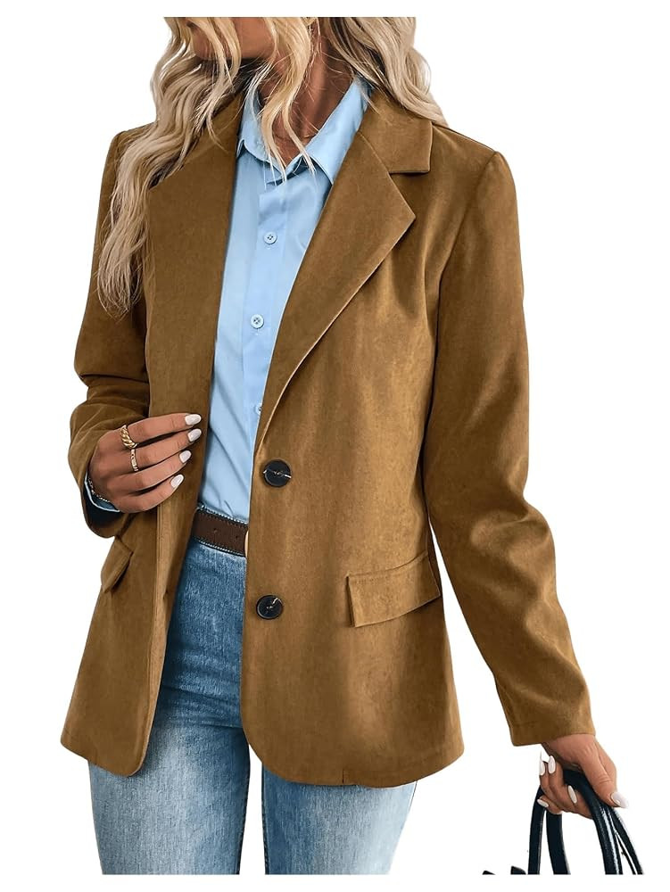 Floerns Women's Faux Suede Lapel Neck Blazers Button Down Long Sleeve Blazer Jacket | Amazon (US)