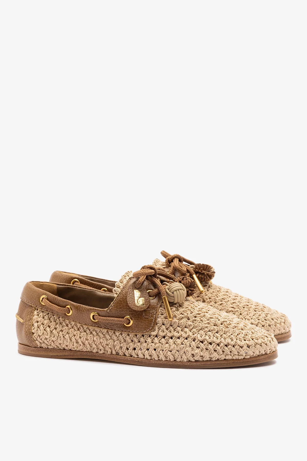 Cyprus Crochet Boat Shoe In Natural Crochet and Russet Leather | Larroude