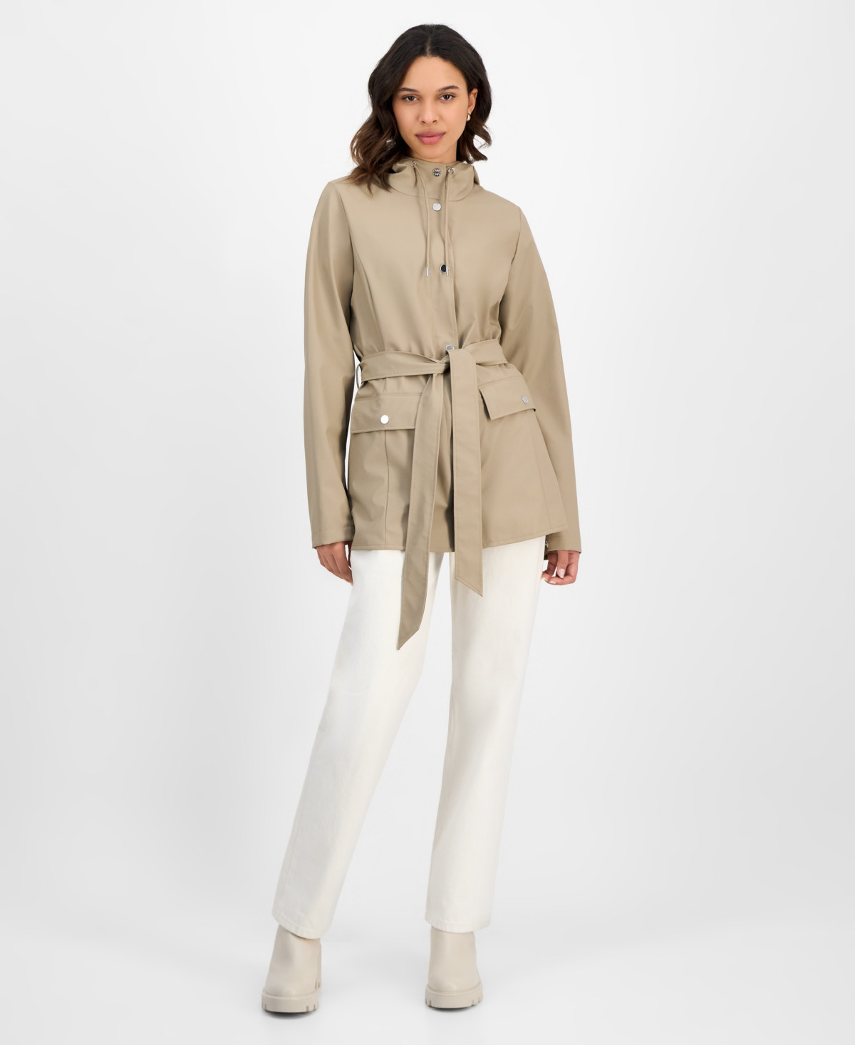 Rains Women's Tie-Waist Snap-Front Hooded Rain Coat - Beige | Macy's
