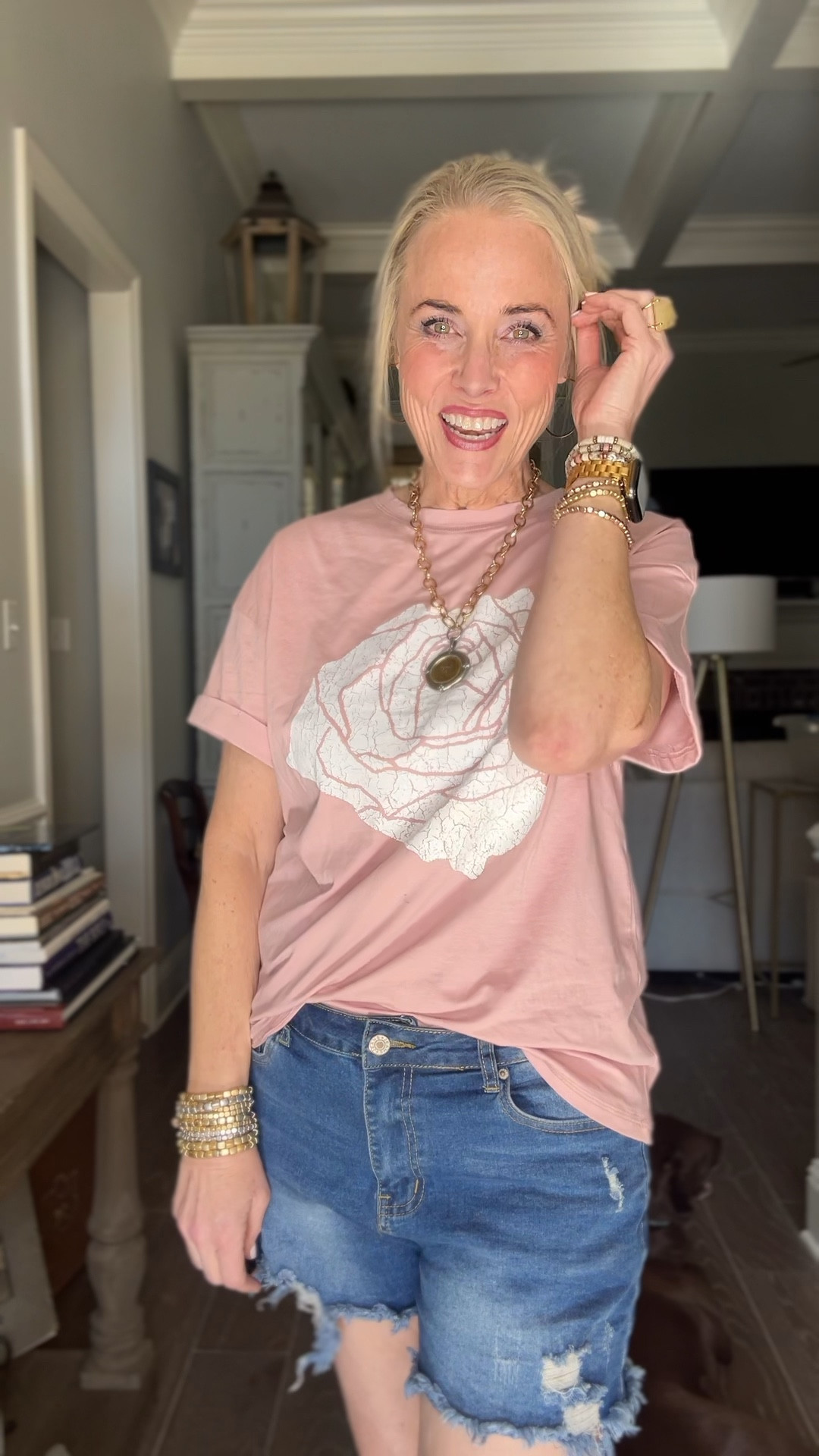 Y’all it’s 74 degrees and sunny outside on this Sunday afternoon, and after spending 3 hours filming content, I just wanna be comfy. This is it. Graphic tee, denim cutoffs, and my Birkenstocks-inspired looks for less. All from Amazon. I’m in my true size medium in the graphic tee but sized up one in the shorts to a large ONLY so I could pull them down lower on my hips for a bit of length. As a reminder, I’m 53, 5’8, and 140ish lbs. 

My jewelry is all linked here except for my ring and coin necklace. I do have a separate link and discount code for it. I’m happy to get it to you if you’d like  

#LTKmidsize #LTKover40 #LTKsalealert