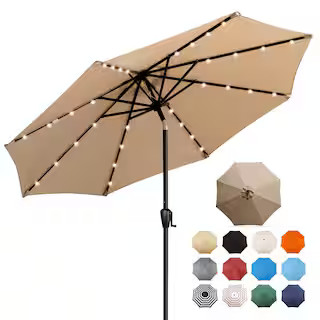 Sun-Ray 9 ft. Steel Market Solar Lighted 8-Rib Round Patio Umbrella in Taupe 841001 - The Home De... | The Home Depot
