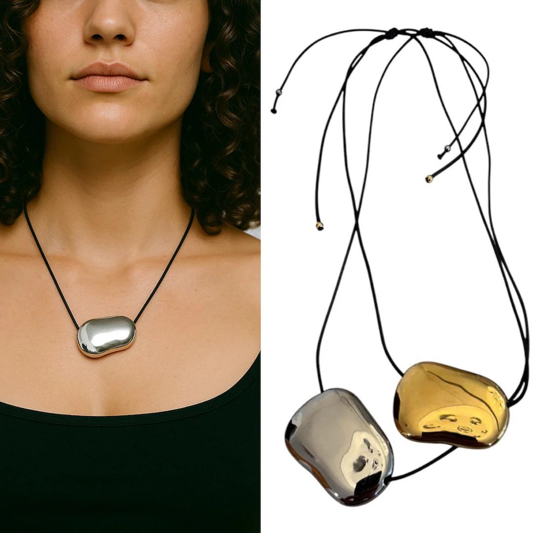 High Polish Bean Necklace With Adjustable Black Cord , Available in Gold or Silver Color Metal - ... | Etsy (US)