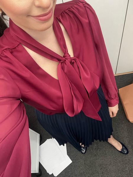 Bow tie shirt, work outfit, workwear, winter workwear, winter to spring workwear, office style, office outfit, business casual, pleated skirt, pleated midi skirt, block heels, ballet flats, law firm, midi skirt, winter to spring, spring transition outfit

#LTKworkwear #LTKfindsunder100 #LTKSeasonal