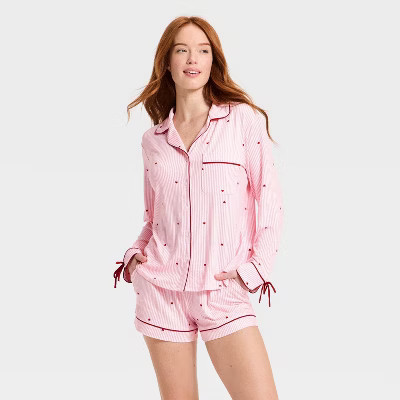 Women's Jersey Long Sleeve Notch Collar Shirt and Shorts Pajama Set - Auden™ Pink Striped XXL | Target