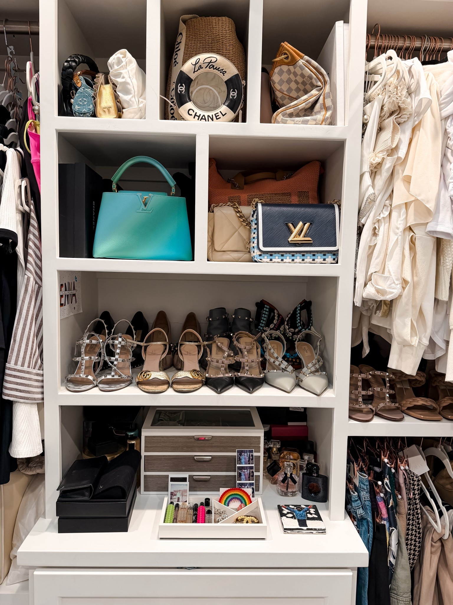 Design, designer and luxury handbags, Louis Vuitton, Chanel, designer heels, Valentino, Rasta, closet, organization, and walk-in closet