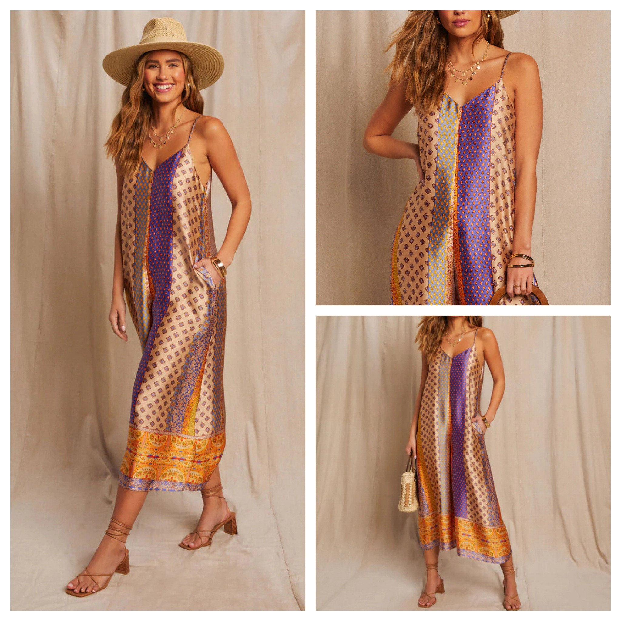 Silky, flowy, cropped Jumpsuit for summer in violet and warm gold! Yes please! Also comes in a green and gold option! 

#LTKMidsize #LTKU #LTKFindsUnder100