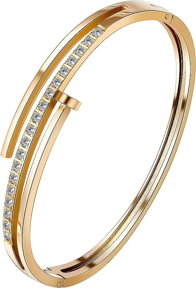 Stashix Bangle Bracelet for Women Nail Cuff Titanium Steel with Crystal Gold Jewelry Charm | Amazon (US)