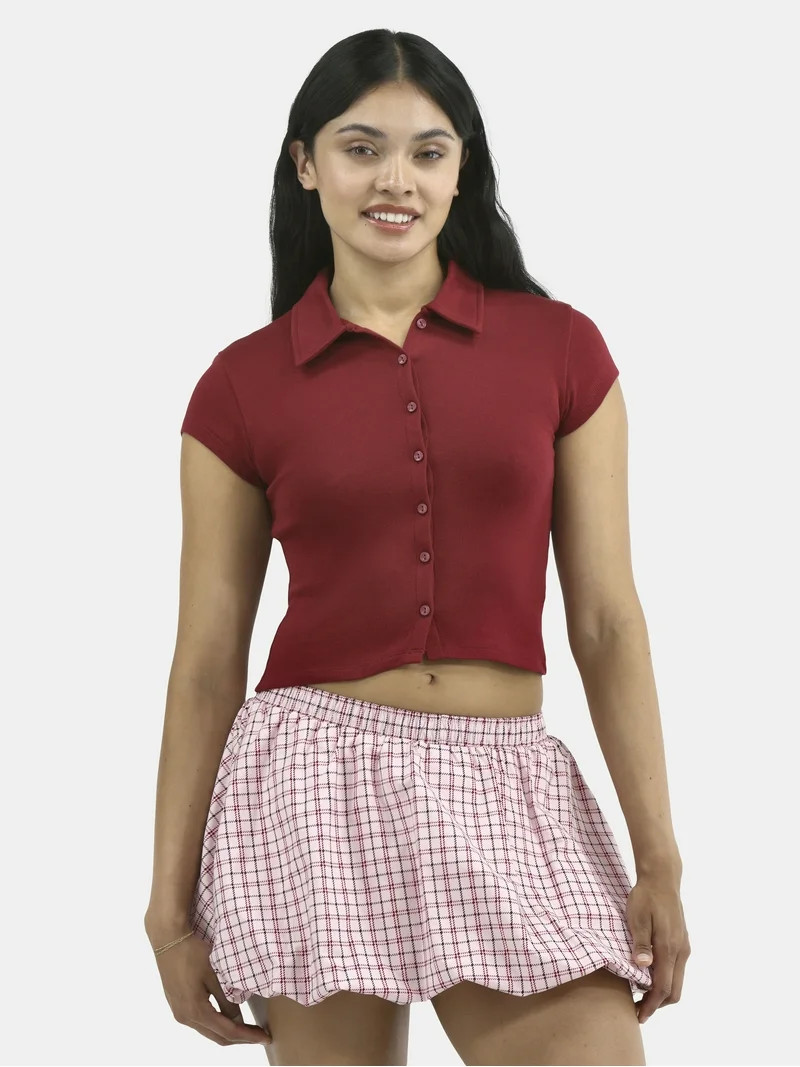 No Boundaries Button Front Cropped Polo Shirt, Women's - Walmart.com | Walmart (US)