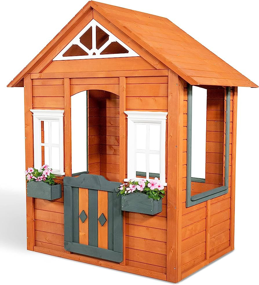 Sportspower Woodbridge Wooden Outdoor Backyard Playhouse with Flower Boxes, Red | Amazon (US)