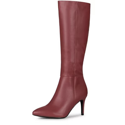 BLISSFUL STEP Women's Pointed Toe Side Zipper Stiletto Heel Knee High Riding Boots Burgundy 6.5 | Target