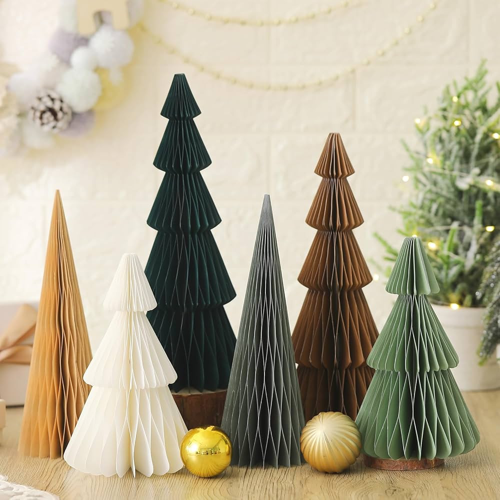 6 Pcs Neutral Christmas Tree Honeycomb Centerpiece Minimalist 3D Paper Trees Centerpiece Rustic Reusable Table Decorations for Home Decor Xmas Gift(Green, Brown) | Amazon (US)