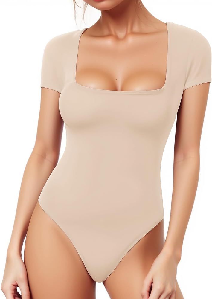 MANGOPOP Women's Square Neck Bodysuit Short Sleeve Shirt Tops | Amazon (US)