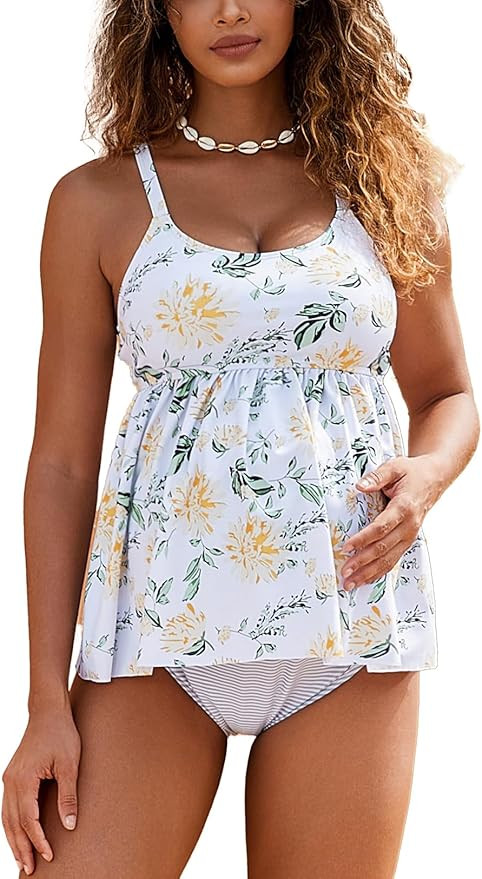 GINKANA Maternity Tankini Set Cute Ruffle Hem Pregnancy Swimsuit Adjustable Straps Two Piece Mate... | Amazon (US)