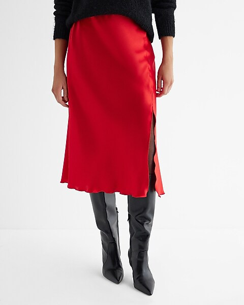 High Waisted Satin Side Slit Midi Skirt | Express