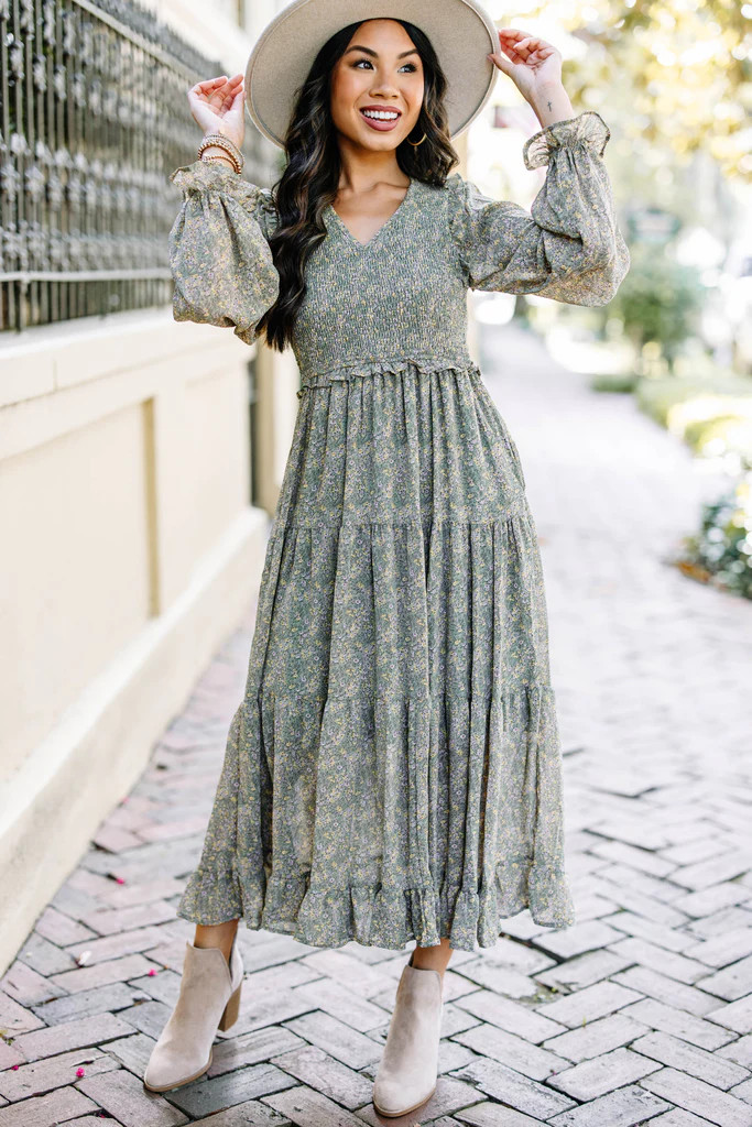 Out In The World Dark Sage Green Ditsy Floral Midi Dress | The Mint Julep Boutique