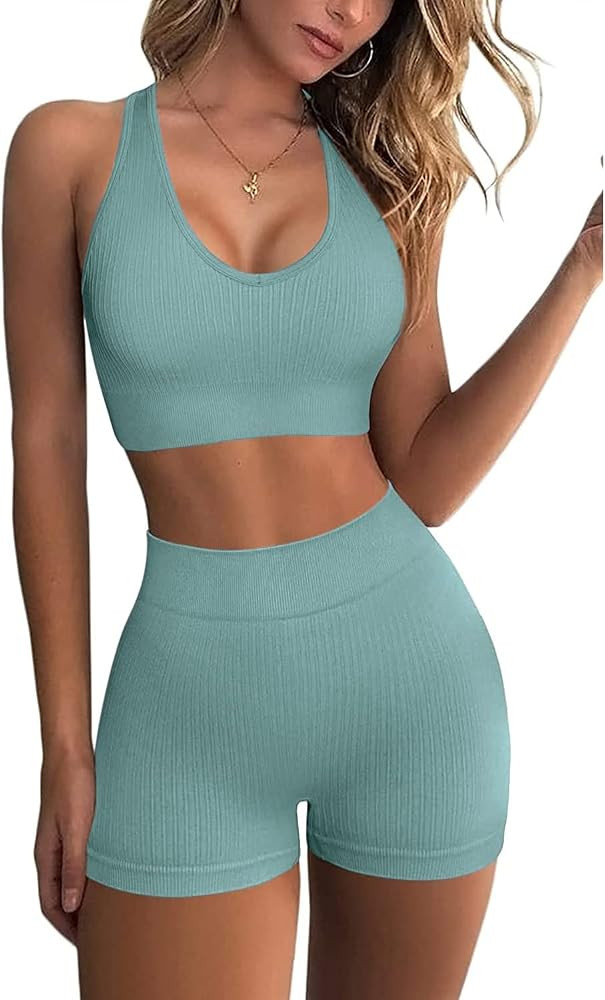 Workout Sets for Women 2 Piece Outfits Gym Yoga Clothing Ribbed Tank Crop Tops Seamless High Wais... | Amazon (US)