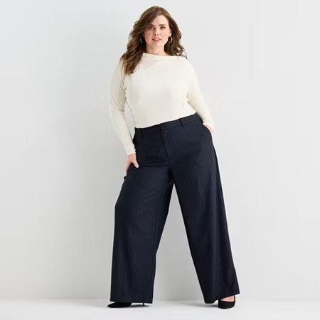 Ashley Graham Pin Stripe Womens Plus Wide Leg Trouser, 22w, Blue | JCPenney