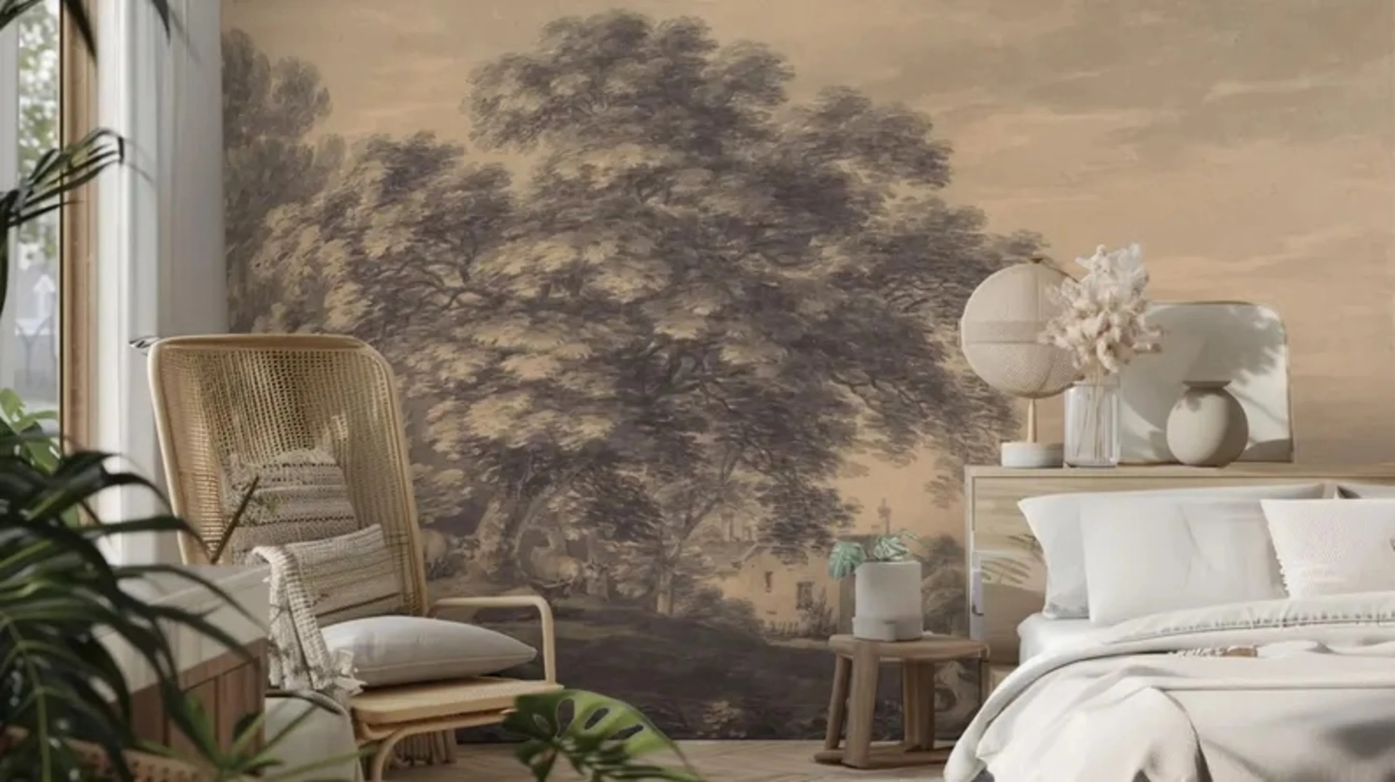 Warm Sepia Countryside Farmhouse Tree Wall Mural for Home Decor | Wayfair North America