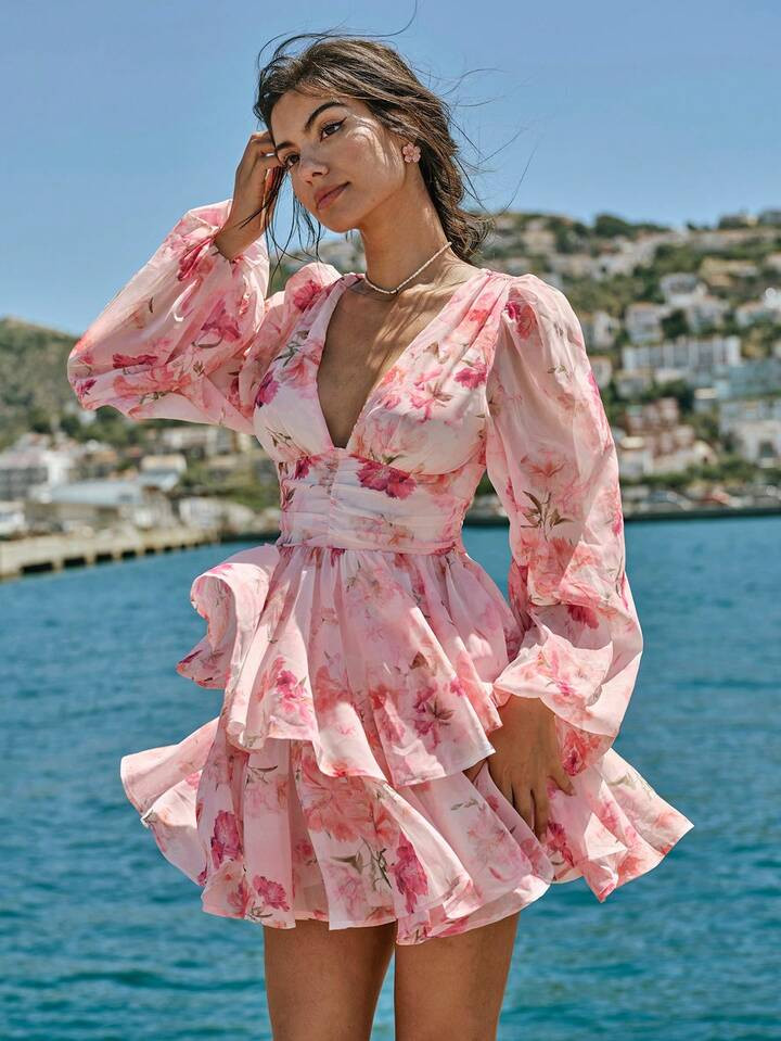 Enchnt Spring/Summer Romantic Holiday Elegant Pink Floral Allover Print Lantern Sleeve Women's Summer Cute Mini Dress, Suitable For Vacation,Sweet&Elegant For Vacation&Date&Holiday&Party&Graduation&Wedding Guest&Beach,Prom Dress,Summer Dresses For Women,Summer Clothes, ,Elegant Dresses For Party,Bohemian Clothes | SHEIN