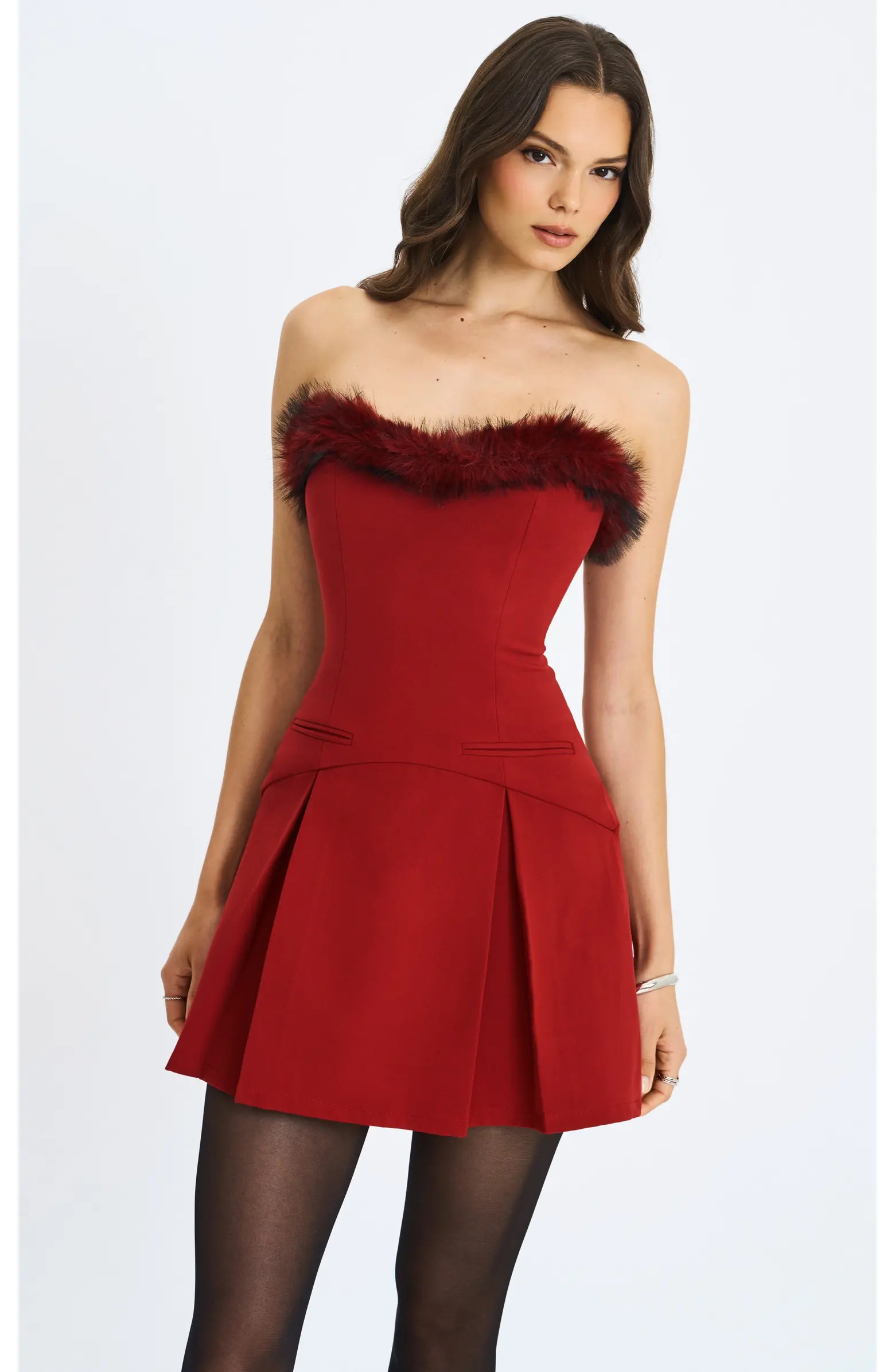 Miss Circle Nalia Faux Fur Trimmed Sweetheart Mini Dress | Nordstrom | Nordstrom