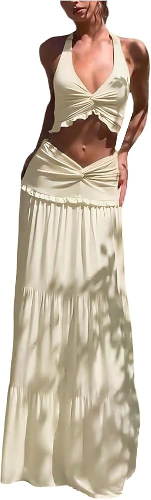 SOLY HUX Women's 2 Piece Vacation Outfit Backless Halter Crop Top and Tiered Ruffle Maxi Skirt Se... | Amazon (US)
