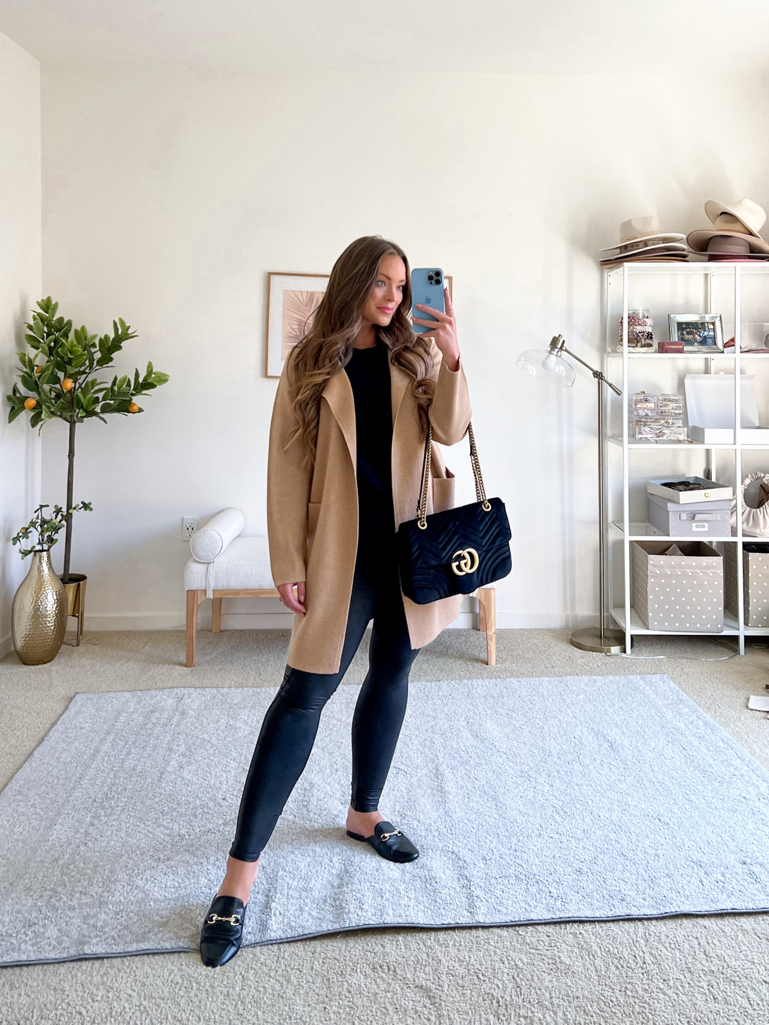 Fall capsule wardrobe. Camel cardigan, spanx faux leather leggings, black loafers, Gucci handbag, all black outfit, workwear, fall work wear, office outfit, easy outfit, Brittany Ann Courtney 

#LTKworkwear #LTKSeasonal #LTKunder100