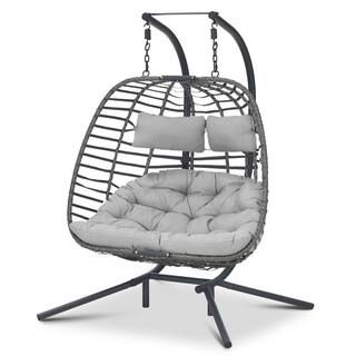 Brafab Large 2-Person 500 lbs. Gray Wicker Double Swing Egg Chair with Black Stand and Gray Cushi... | The Home Depot