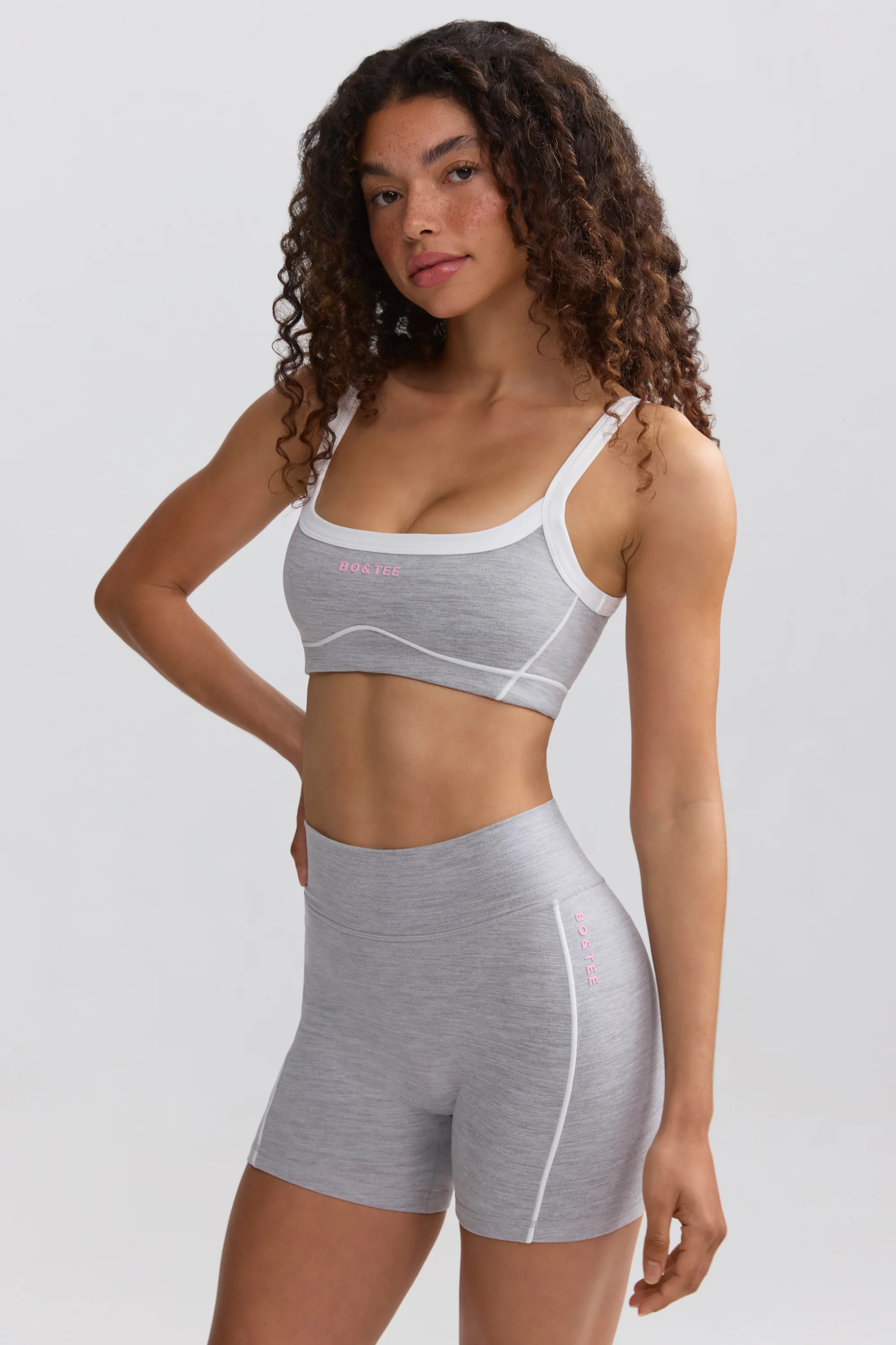 Soft Active Contrast-Trim Mini Shorts in Ice Grey | Bo+Tee