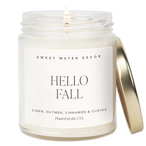 Sweet Water Decor Hello Fall Candle | Cinnamon, Apples, and Clove Autumn Scented Soy Candles for Home | Halloween Fall Candle 9oz Clear Jar, 40 Hour Burn Time, Made in The USA | Amazon (US)