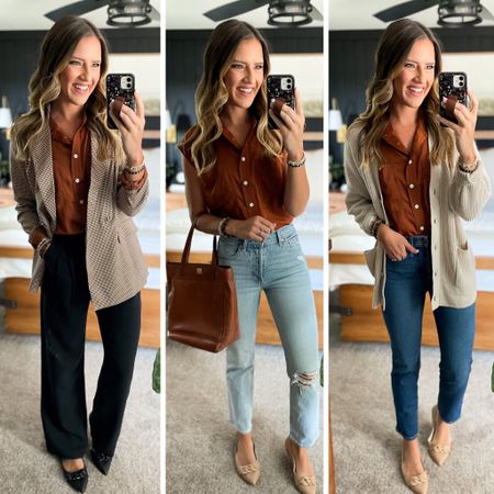 Fall Capsule Wardrobe 

Blouse - small
Plaid blazer - small 
Black trousers - 26 long 
Light wash jeans - 26 long 
Dark wash jeans - 26 long 
Cream cardigan - medium 
All shoes are tts 

#LTKunder100 #LTKstyletip #LTKFind