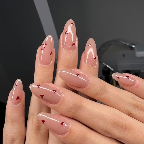24Pcs Cute Heart Press on Nails Short Medium Valentines Fake Nails with Glue Nude Pink False Nails Almond Nails Press ons Reusable Stick on Nail Valentines Heart Glue on Nail for Women Girls | Amazon (US)