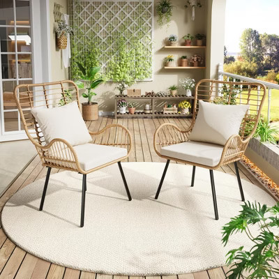 Patio Dining Chairs Set of 2, Outdoor Wicker Club Chair with Cushions, All Weather Wicker Armchairs, Small Patio Boho Bistro Sets Conversation Chairs | Target