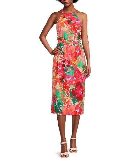 Yara Crinkle Cut Out Floral Print Halter Neck Sleeveless Midi Dress | Dillard's