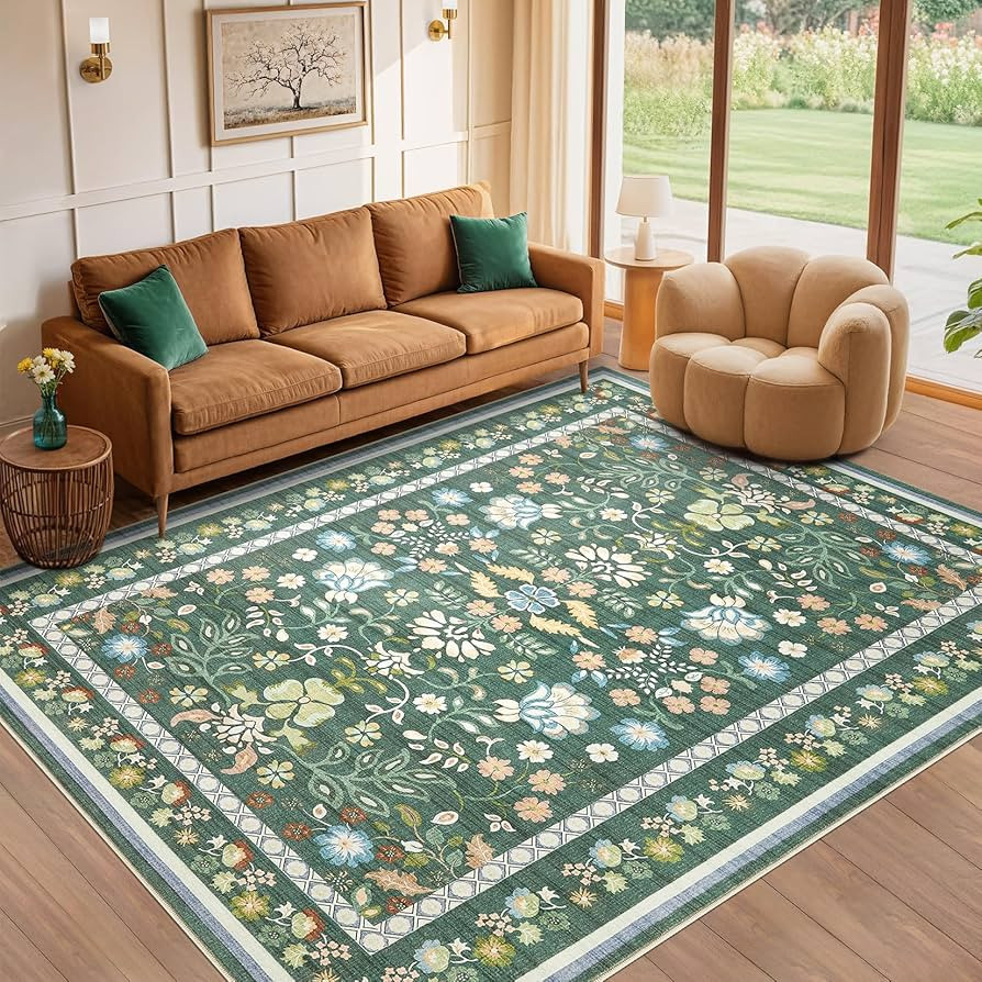 10x12 Area Rug Living Room Rugs - Washable Boho Vintage Floral Large Soft Non Slip Thin Rug Low P... | Amazon (US)
