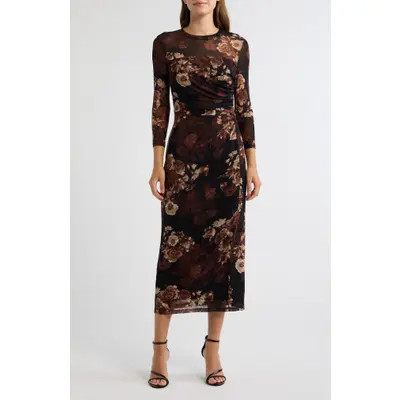 AK ANNE KLEIN Printed Mesh Midi Dress in Deep Mahogany Multi at Nordstrom, Size Small | Nordstrom