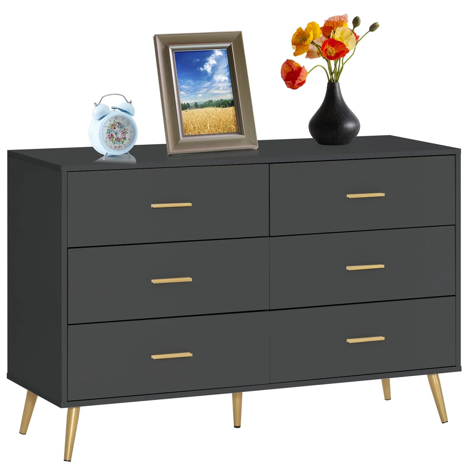 6 Drawer Dresser, Mid-Century Modern Chest Of Drawers, Double Dresser Storage Cabinet For Bedroom... | Walmart (US)