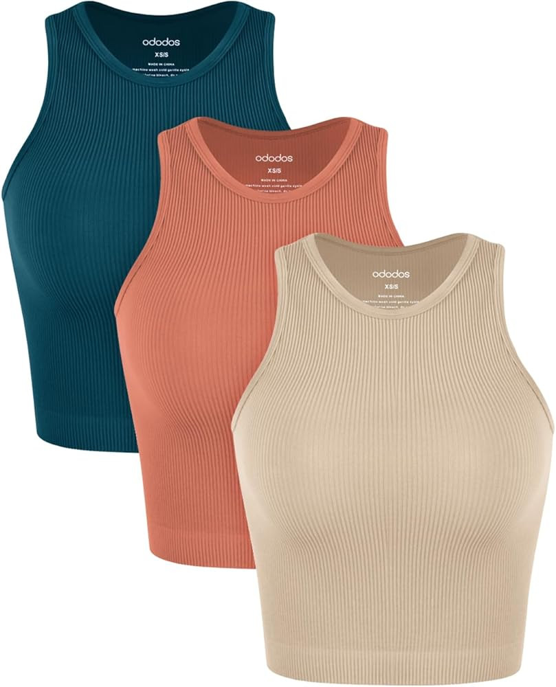 ODODOS 3-Pack Seamless Crop Tank for Women Ribbed Soft High Neck Cropped Tops | Amazon (US)